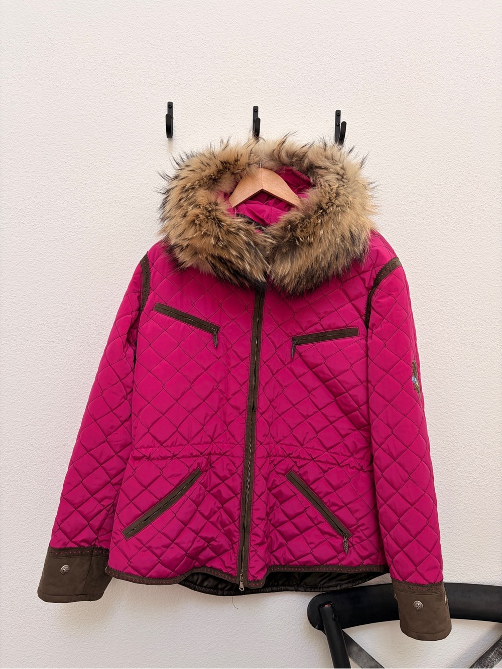 M. Miller Womens Ski Jacket Pink Quilted Real Raccoon Fur Collar Thinsulate
